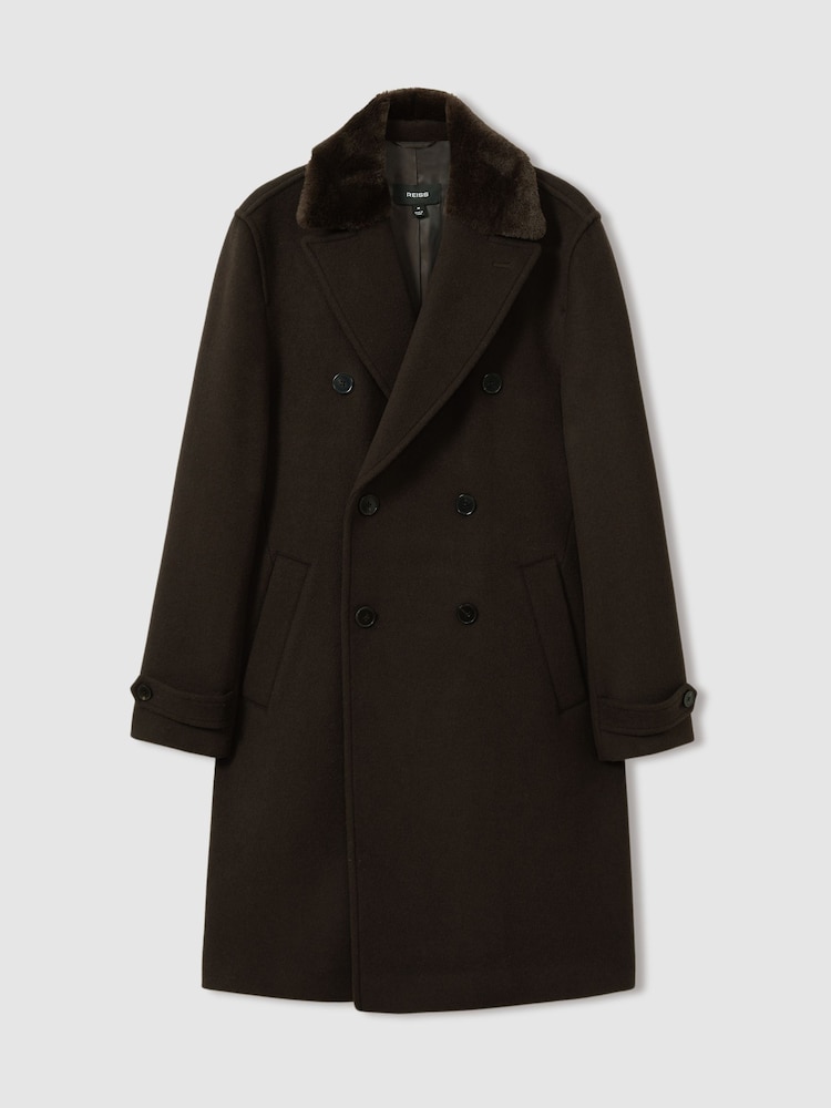 Reiss Brown Barista Wool-Blend Faux-Fur Collar Overcoat - Image 2 of 7