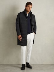 Reiss Navy Patrick Longline Quilted-Shell Coat with Inner Gilet - Image 1 of 6