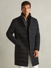 Reiss Navy Patrick Longline Quilted-Shell Coat with Inner Gilet - Image 3 of 6