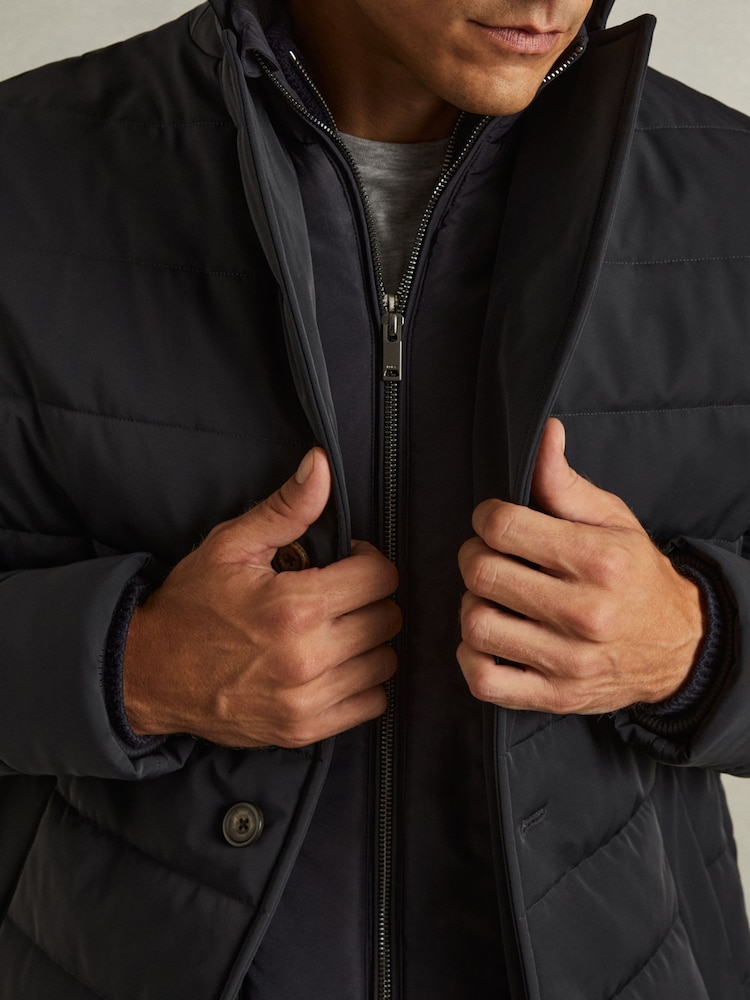 Reiss Navy Patrick Longline Quilted-Shell Coat with Inner Gilet - Image 4 of 6