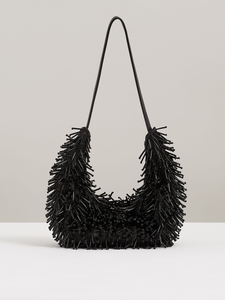 Reiss Black Moon Beaded Crescent Shoulder Bag - Image 1 of 4