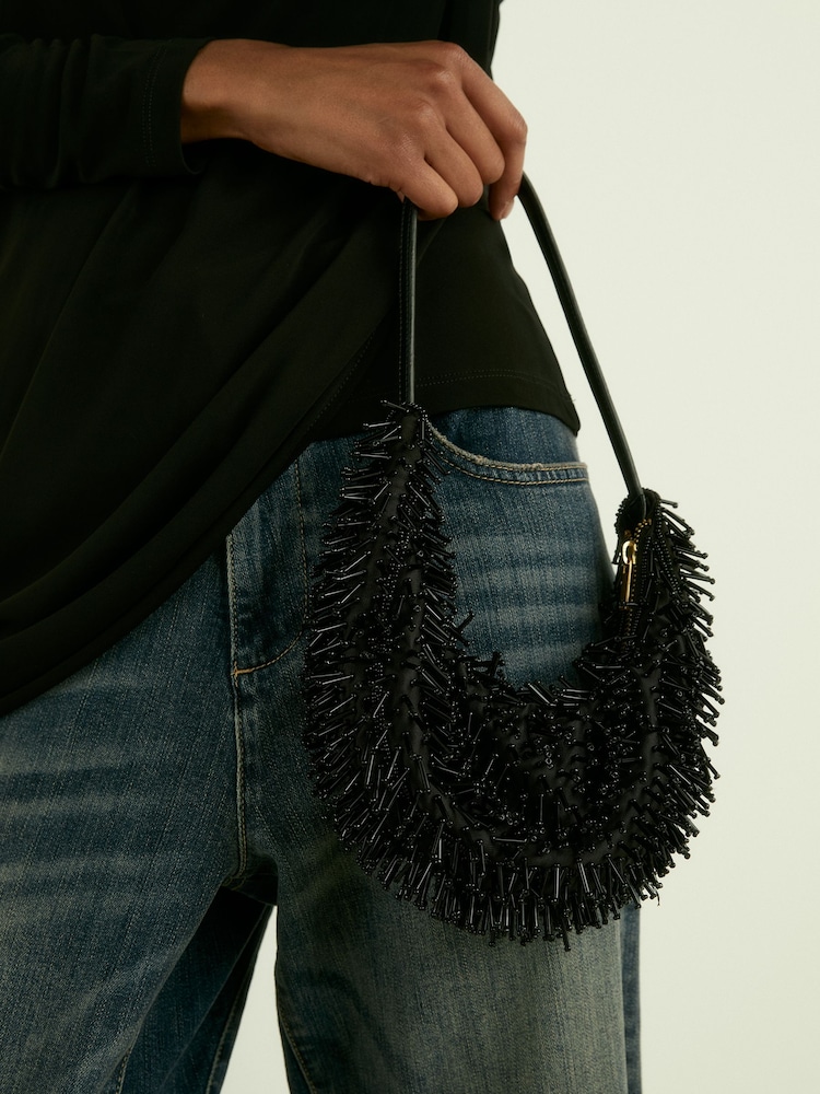 Reiss Black Moon Beaded Crescent Shoulder Bag - Image 2 of 4