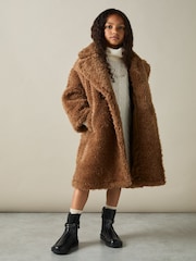 Reiss Brown Darla 9-13 yrs Longline Teddy Coat with Wool - Image 1 of 4
