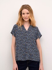 Cream Blue Tiah Cap Sleeves V-Notch Neck Blouse - Image 1 of 5
