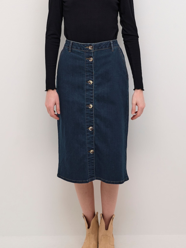 Cream Pencil Fit Blue Visti Buttons Denim Skirt - Image 1 of 6