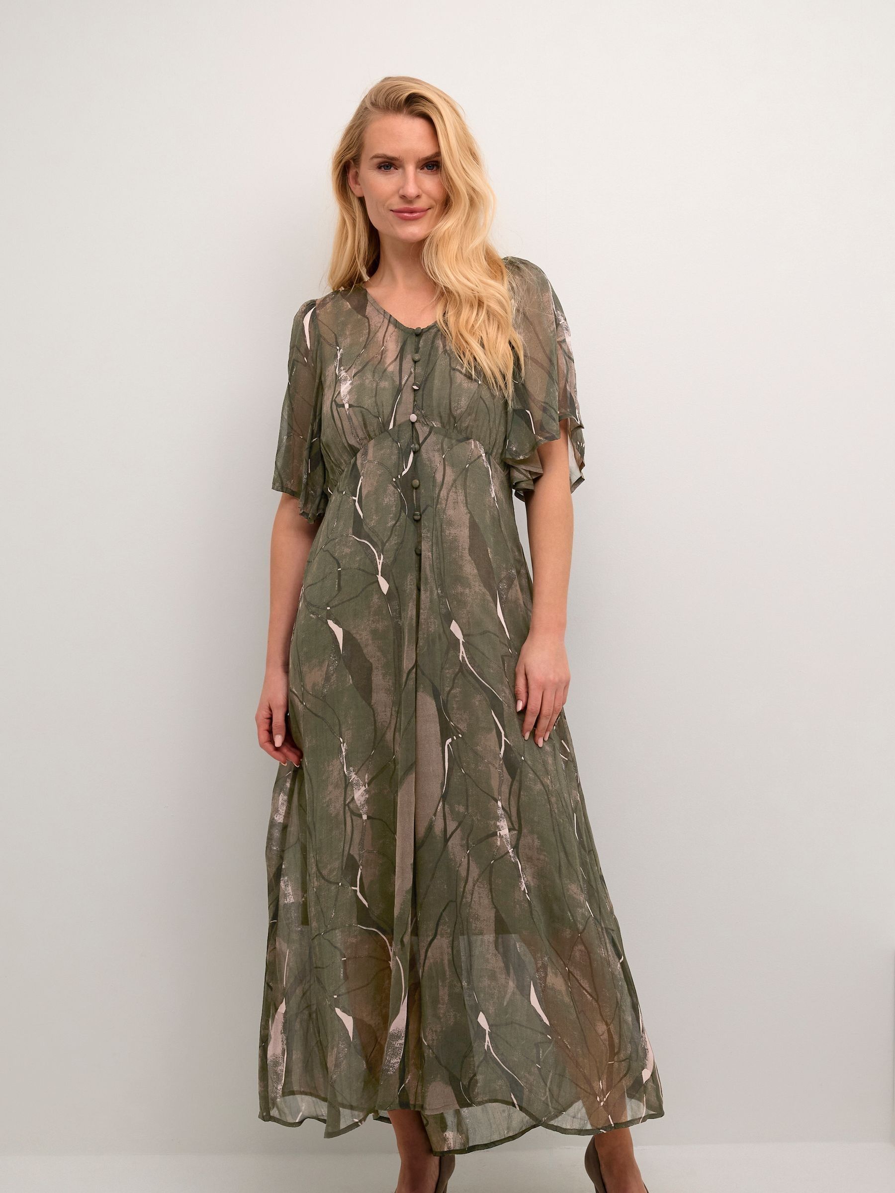 Cream Chery Buttons Chiffon V-Neck Green Dress