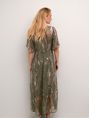 Cream Chery Buttons Chiffon V-Neck Green Dress - Image 2 of 6