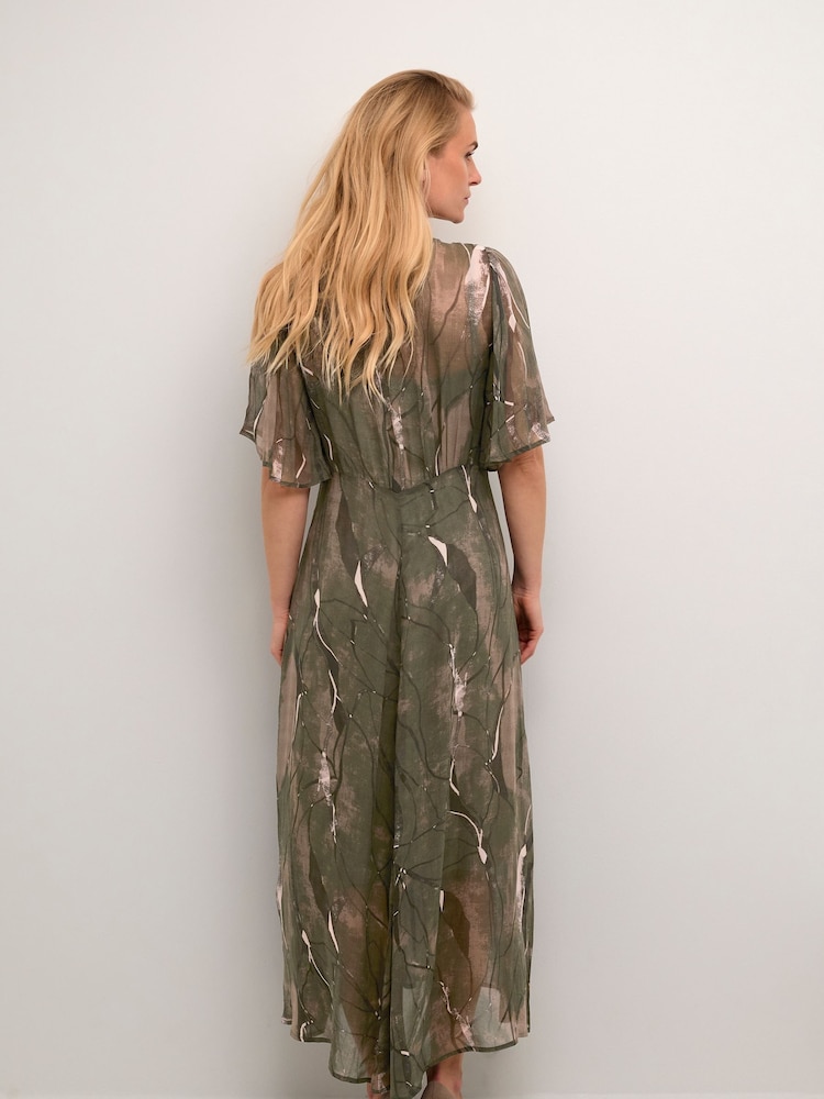 Cream Chery Buttons Chiffon V-Neck Green Dress - Image 2 of 6