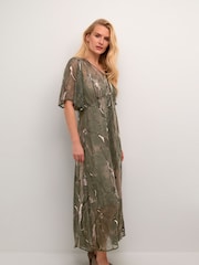 Cream Chery Buttons Chiffon V-Neck Green Dress - Image 3 of 6
