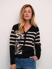Cream Dela V-Neck Buttons Printed Black Cardigan - Image 1 of 6