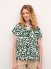 Cream Tiah Cap Sleeves V-Notch Neck Black Blouse - Image 1 of 5
