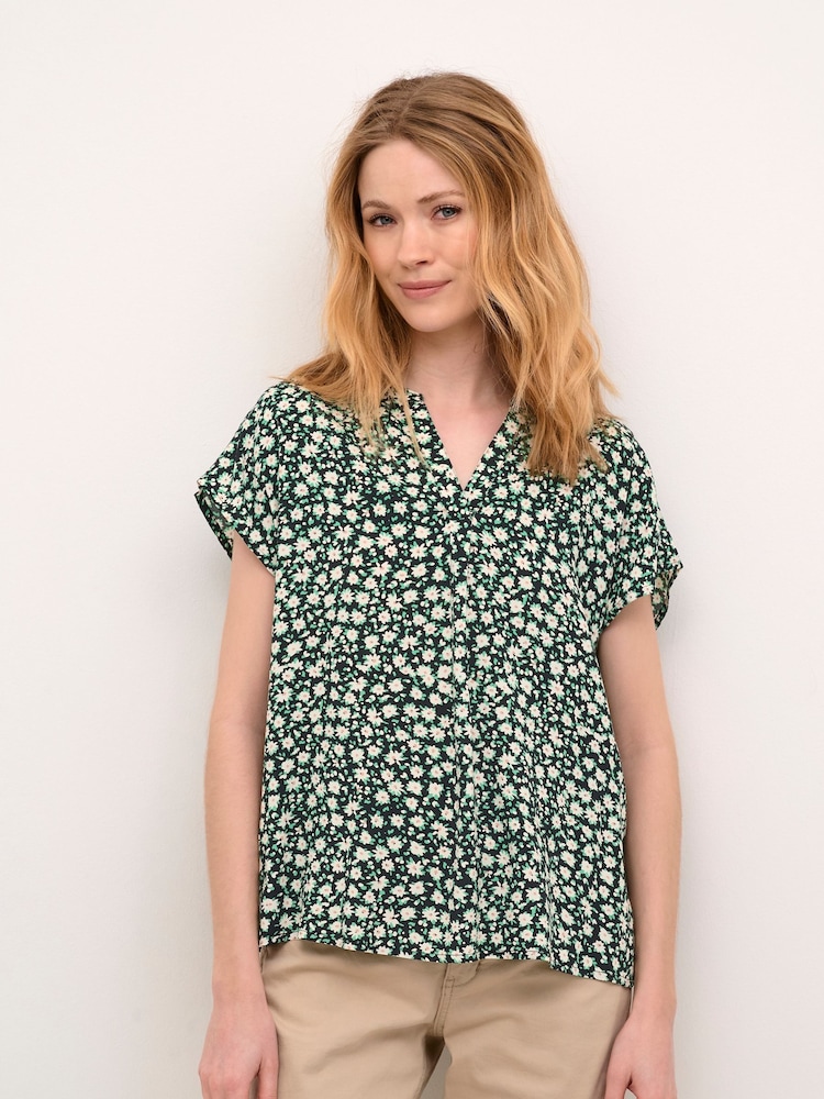 Cream Tiah Cap Sleeves V-Notch Neck Black Blouse - Image 1 of 5