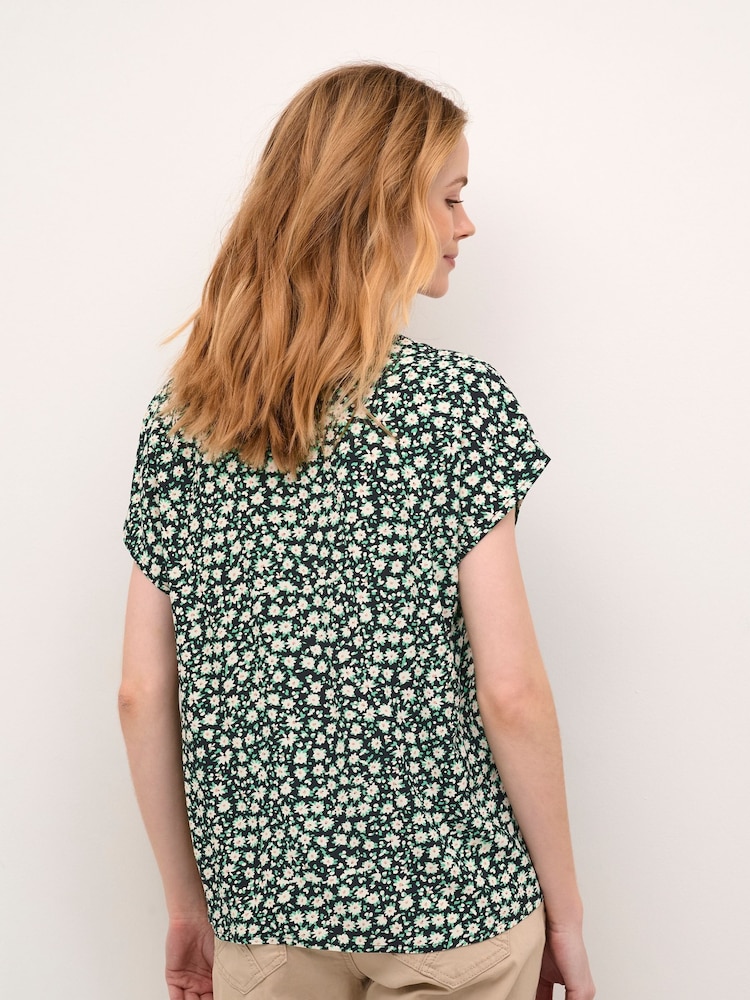 Cream Tiah Cap Sleeves V-Notch Neck Black Blouse - Image 2 of 5