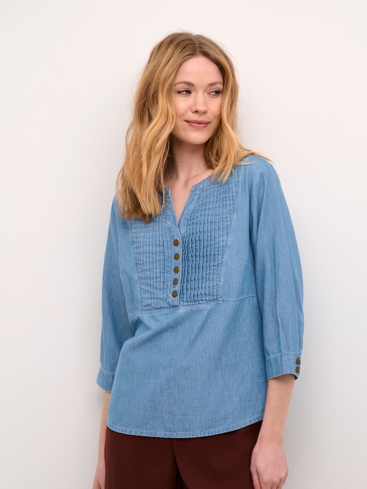 Cream Blue Marion 3/4 Sleeves Denim 100% Cotton Blouse - Image 1 of 6