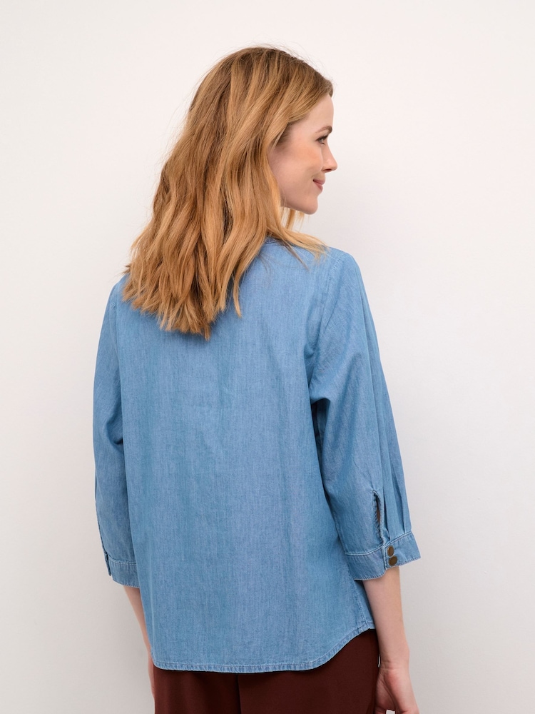 Cream Blue Marion 3/4 Sleeves Denim 100% Cotton Blouse - Image 2 of 6