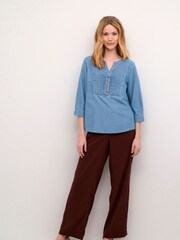 Cream Blue Marion 3/4 Sleeves Denim 100% Cotton Blouse - Image 3 of 6