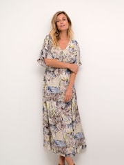 Cream Kimmi V-Neck Half Sleeves Maxi Multi Dress - Image 1 of 6