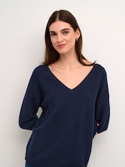 Cream Casual Fit Blue Sillar V-Neck Pullover 100% Cotton Jumper - Image 1 of 6