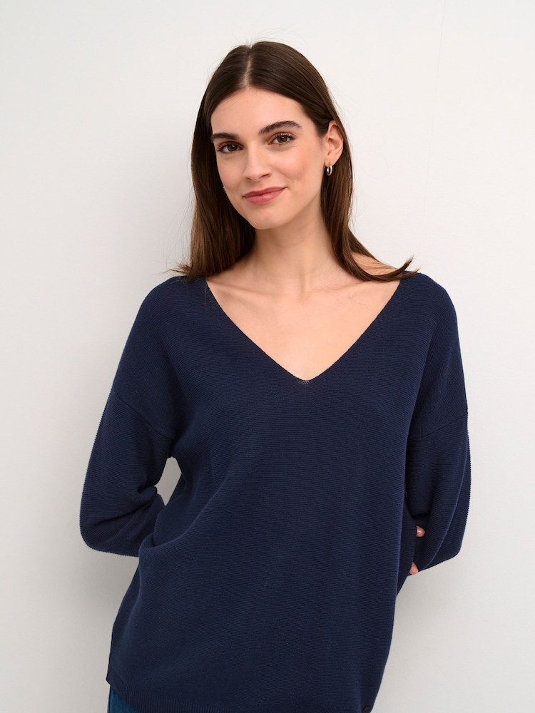 Cream Casual Fit Blue Sillar V-Neck Pullover 100% Cotton Jumper - Image 1 of 6