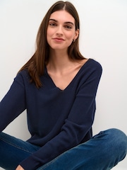 Cream Casual Fit Blue Sillar V-Neck Pullover 100% Cotton Jumper - Image 3 of 6