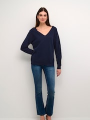 Cream Casual Fit Blue Sillar V-Neck Pullover 100% Cotton Jumper - Image 4 of 6