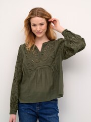 Cream Green Diana V-Notch Neck Long Sleeves Blouse - Image 1 of 6