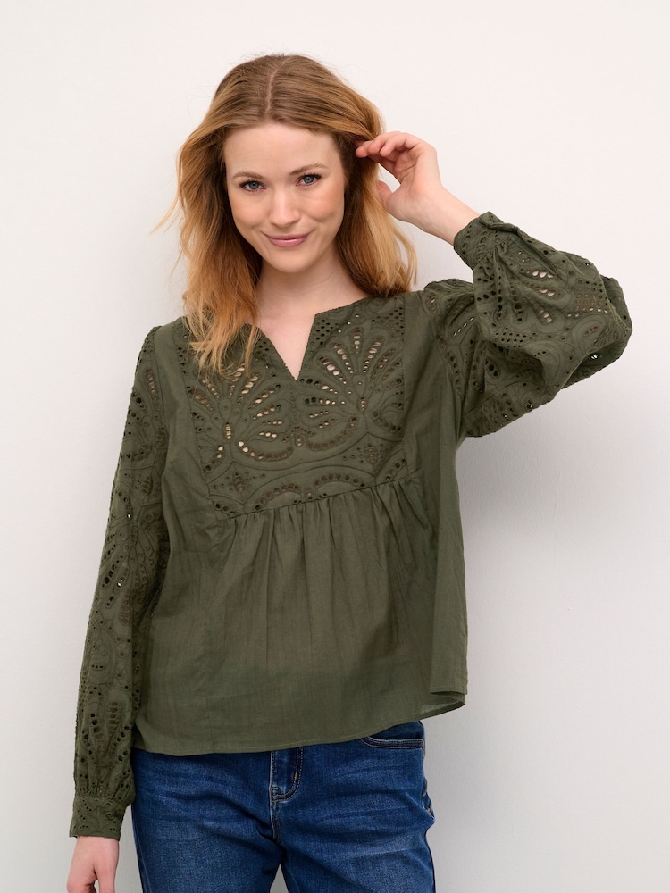 Cream Green Diana V-Notch Neck Long Sleeves Blouse - Image 1 of 6