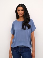 Kaffe Blue Amber Round Neck Short Sleeve Blouse - Image 1 of 5