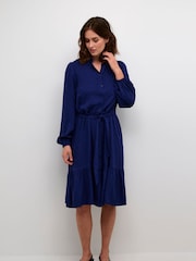 Kaffe Rikke Long Sleeve Belted Shirt Blue Dress - Image 1 of 6