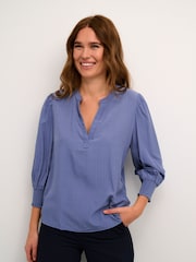 Kaffe Blue Vera 3/4 Sleeve V-Notch Neck Blouse - Image 1 of 6