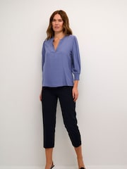 Kaffe Blue Vera 3/4 Sleeve V-Notch Neck Blouse - Image 3 of 6
