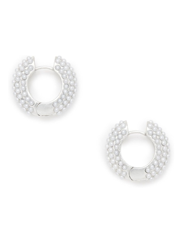 AllSaints Silver Tone Pearl Huggie Earrings - Image 1 of 3 AllSaints Silver Tone Pearl Huggie Earrings - Image 1 of 3