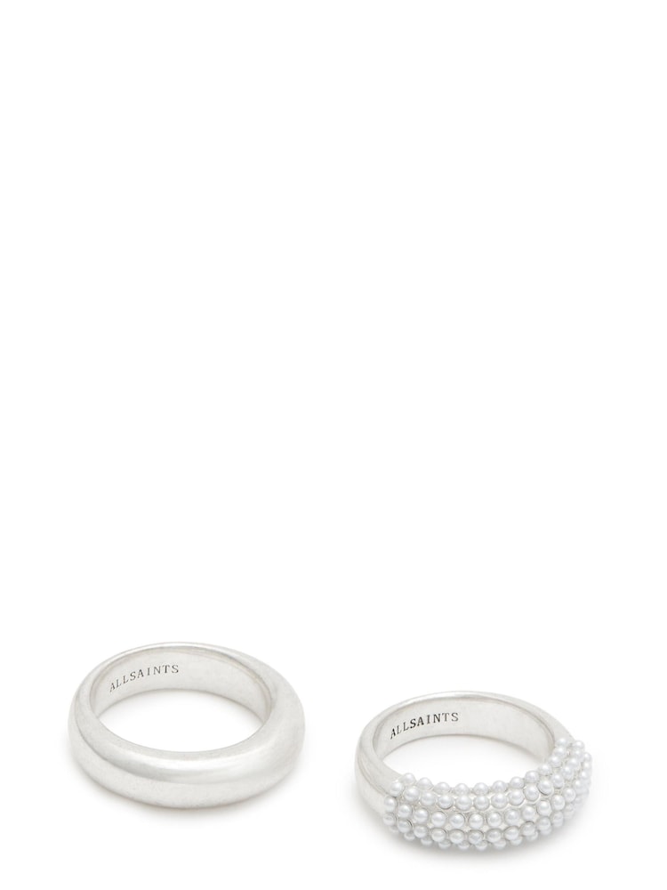 AllSaints Silver Tone Chunky Pearl Ring Set - Image 4 of 4 AllSaints Silver Tone Chunky Pearl Ring Set - Image 4 of 4