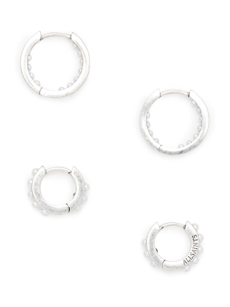 AllSaints Silver Tone Pearl Hoop Duo Earrings Set - Image 1 of 5