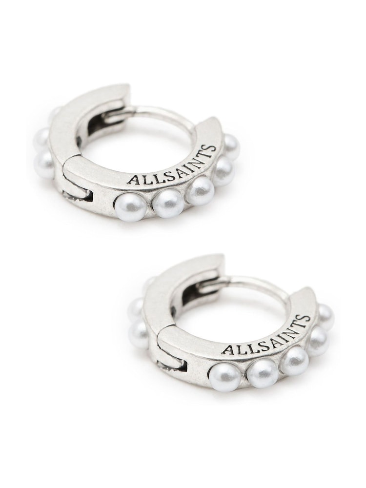 AllSaints Silver Tone Pearl Hoop Duo Earrings Set - Image 2 of 5