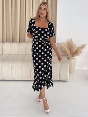 Girl In Mind Black Spot Heidi Ruched Midi Dress - Image 1 of 4
