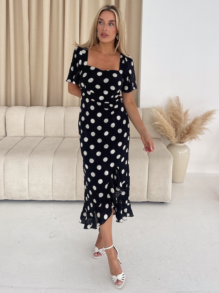 Girl In Mind Black Spot Heidi Ruched Midi Dress - Image 1 of 4