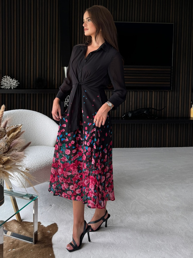 Girl In Mind Black Pink Floral Isabella Tie Front Shirt Dress - Image 3 of 4