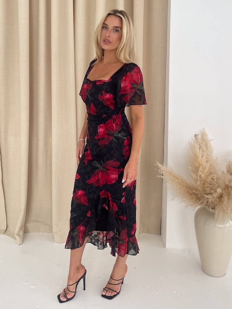 Negro y rojo floral - Vestido a media pierna fruncido Heidi de Girl In Mind - Imagen 2 de 4 Negro y rojo floral - Vestido a media pierna fruncido Heidi de Girl In Mind - Imagen 2 de 4