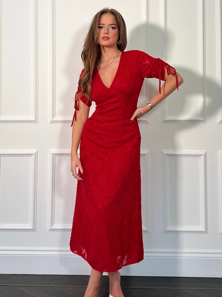 Girl In Mind Red Emily Tie Sleeve Midi Dress - Image 1 of 4