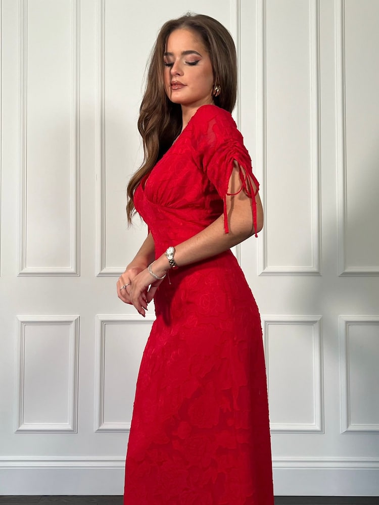 Girl In Mind Red Emily Tie Sleeve Midi Dress - Image 4 of 4