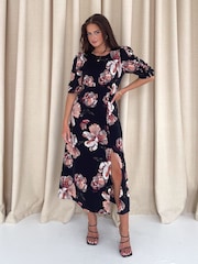 Girl In Mind Black Samira Floral Frill Sleeve Midi Dress - Image 1 of 4