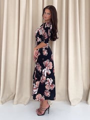 Girl In Mind Black Samira Floral Frill Sleeve Midi Dress - Image 2 of 4