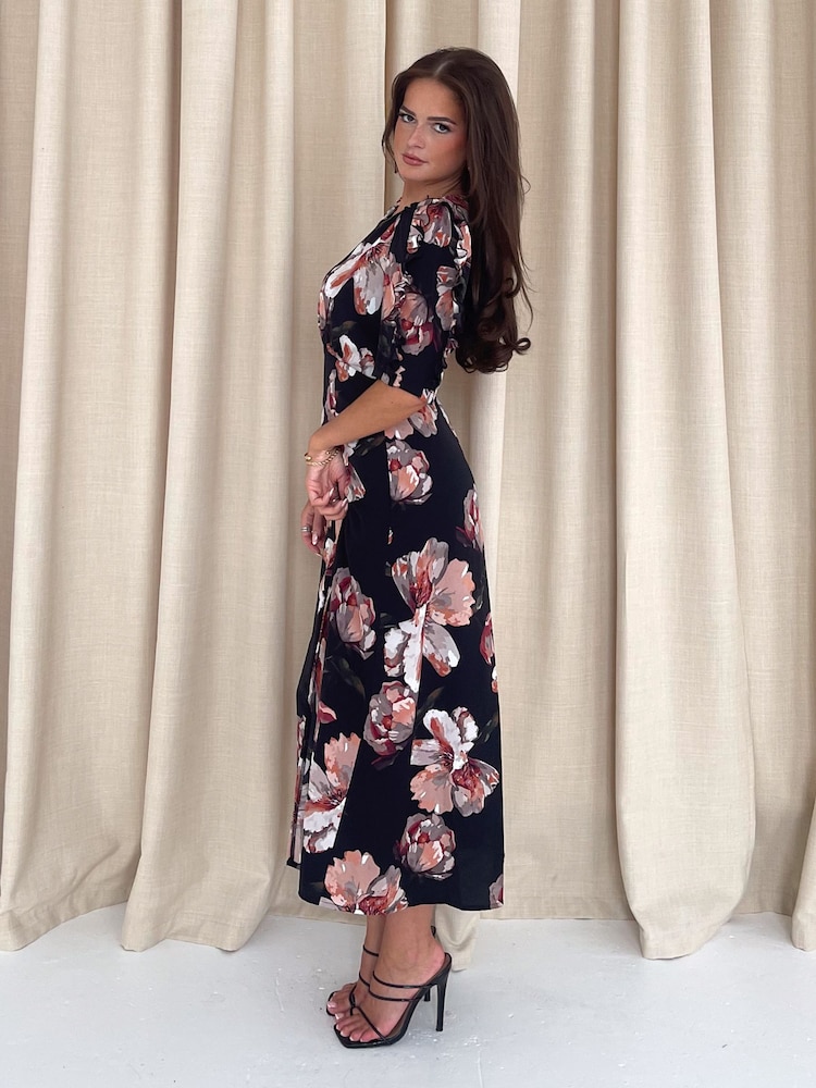 Girl In Mind Black Samira Floral Frill Sleeve Midi Dress - Image 2 of 4