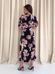 Girl In Mind Black Samira Floral Frill Sleeve Midi Dress - Image 3 of 4