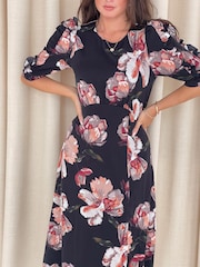 Girl In Mind Black Samira Floral Frill Sleeve Midi Dress - Image 4 of 4