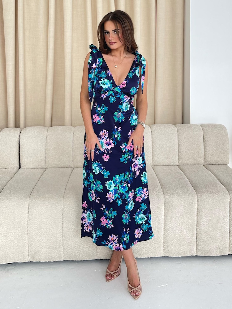 Girl In Mind Navy Floral Beverly  Ditsy Tie Shoulder Midi Dress - Image 1 of 4