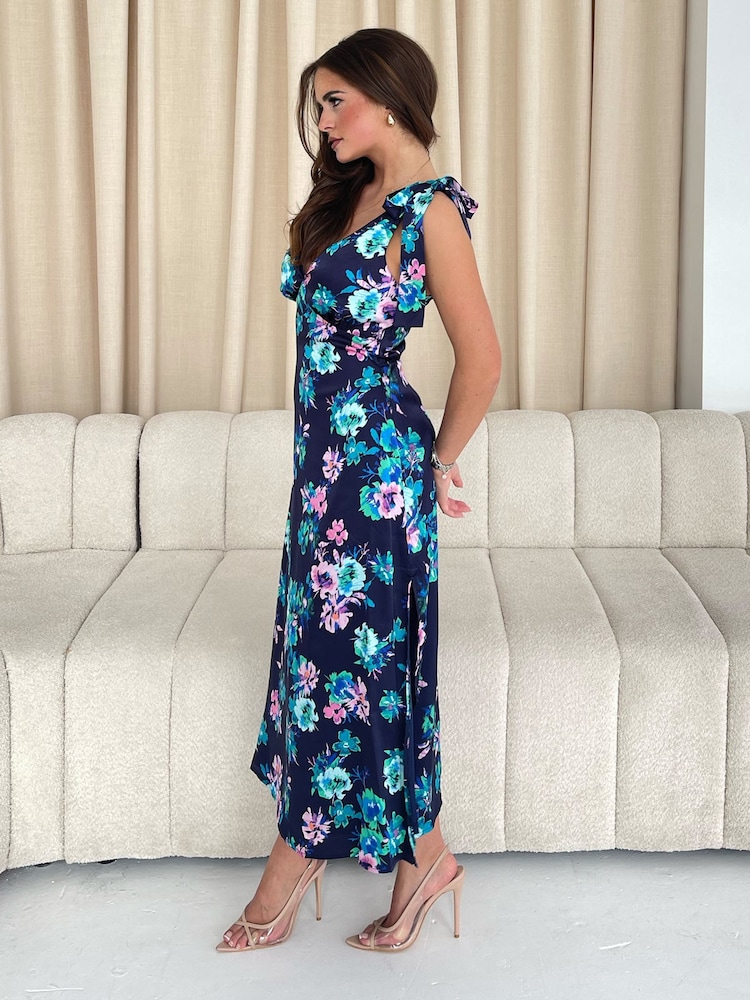 Girl In Mind Navy Floral Beverly Ditsy Tie Shoulder Midi Dress - Image 2 of 4 Girl In Mind Navy Floral Beverly Ditsy Tie Shoulder Midi Dress - Image 2 of 4