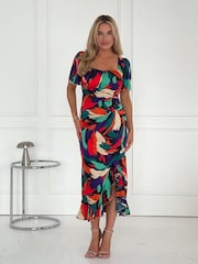 Girl In Mind Green Red Abstract Heidi Ruched Midi Dress - Image 1 of 4