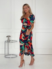 Girl In Mind Green Red Abstract Heidi Ruched Midi Dress - Image 3 of 4